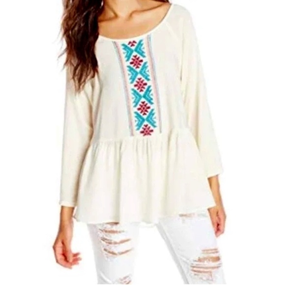 ROXY Women's Cream Embroidered Landslide Peasant Blouse Size Large - Picture 1 of 10